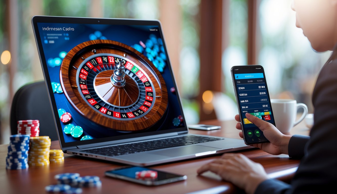Meja dengan komputer menampilkan permainan roulette online dengan roda roulette berwarna merah dan hitam yang berputar, di sekitar meja terdapat chip digital dan ponsel dengan opsi taruhan.