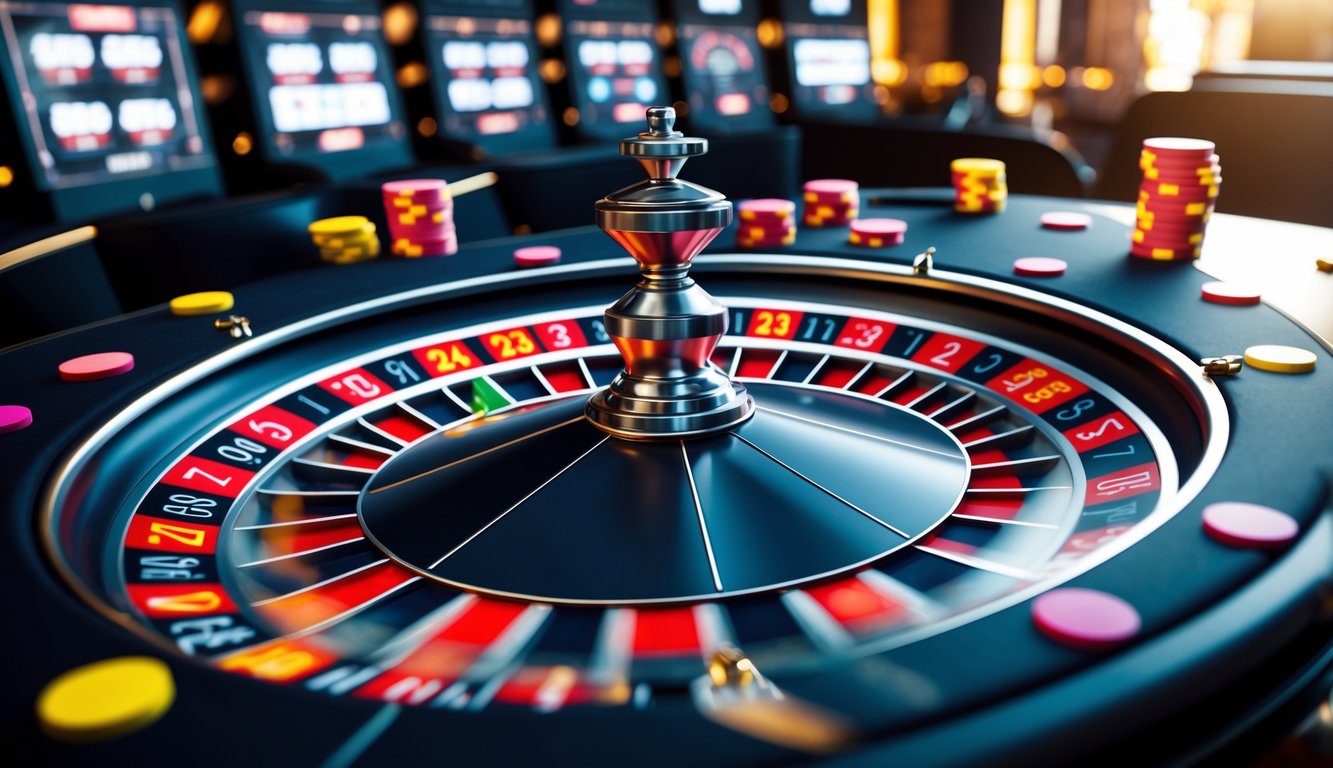 Meja roulette digital modern dengan roda roulette berwarna merah dan hitam yang berputar, dikelilingi oleh chip digital berwarna-warni di latar belakang kasino online.