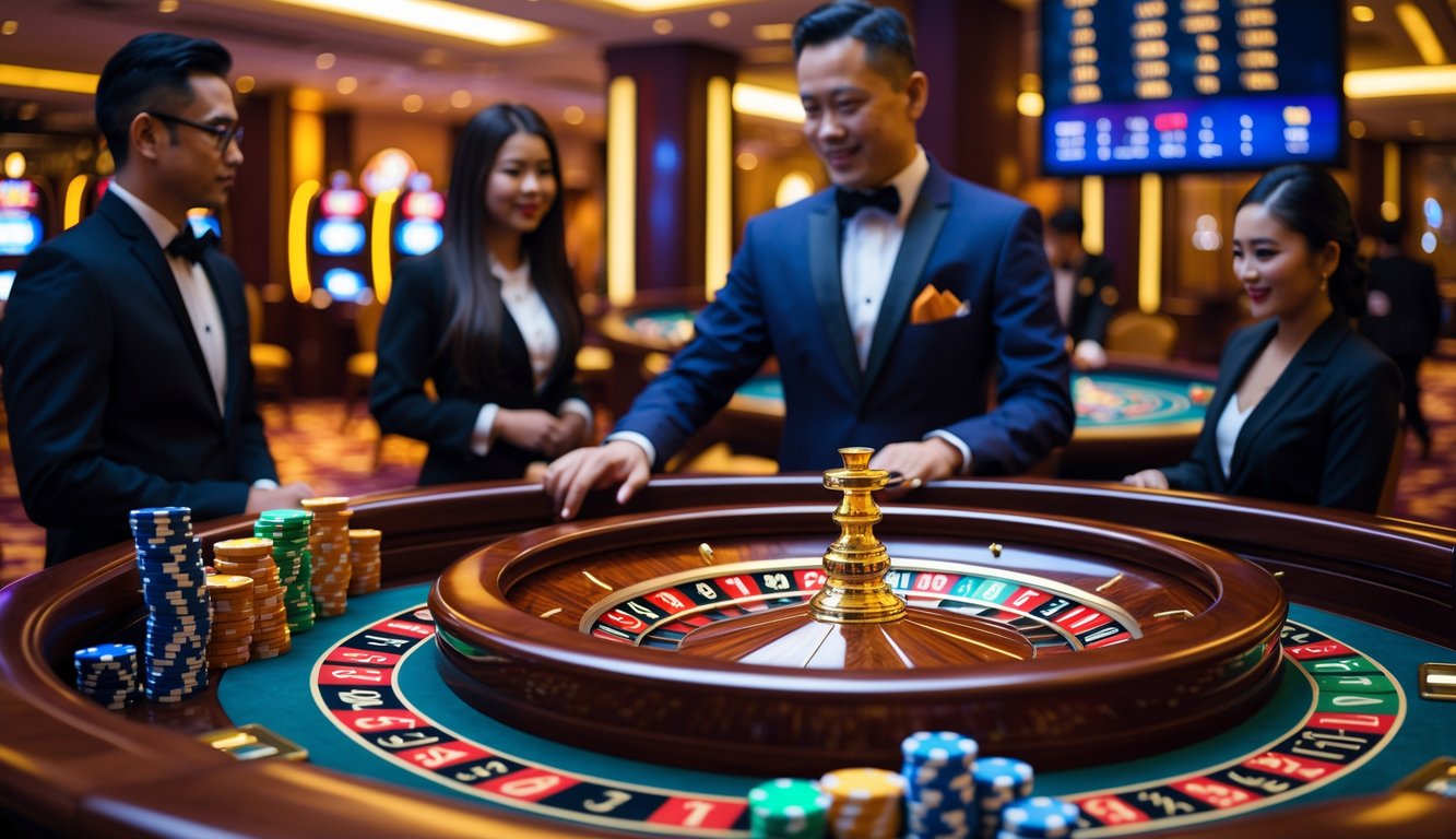 Meja roulette di kasino dengan pemain dan bandar yang sedang bermain, menampilkan roda roulette yang berputar dan tumpukan chip warna-warni.