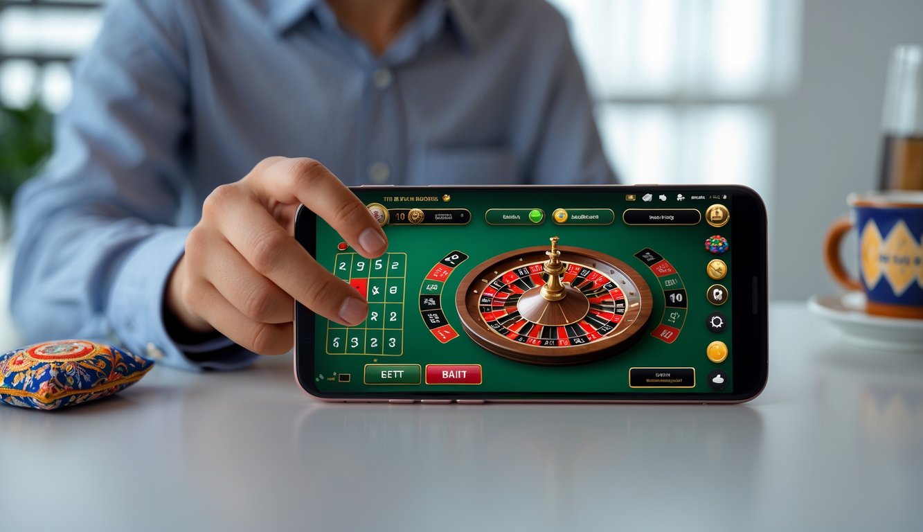 Seseorang sedang bermain roulette online di smartphone di sebuah ruangan dengan meja bersih.