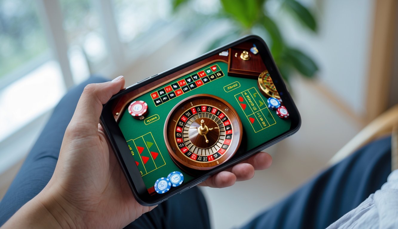Seseorang memegang ponsel yang menampilkan permainan roulette online dengan roda roulette dan meja taruhan yang berwarna-warni.