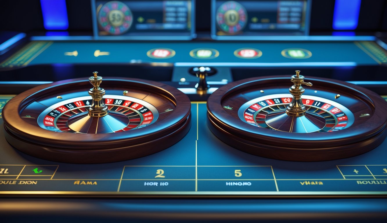 Dua roda roulette, satu Eropa dengan satu nol dan satu Amerika dengan nol ganda, di meja kasino dengan latar belakang elemen kasino online.