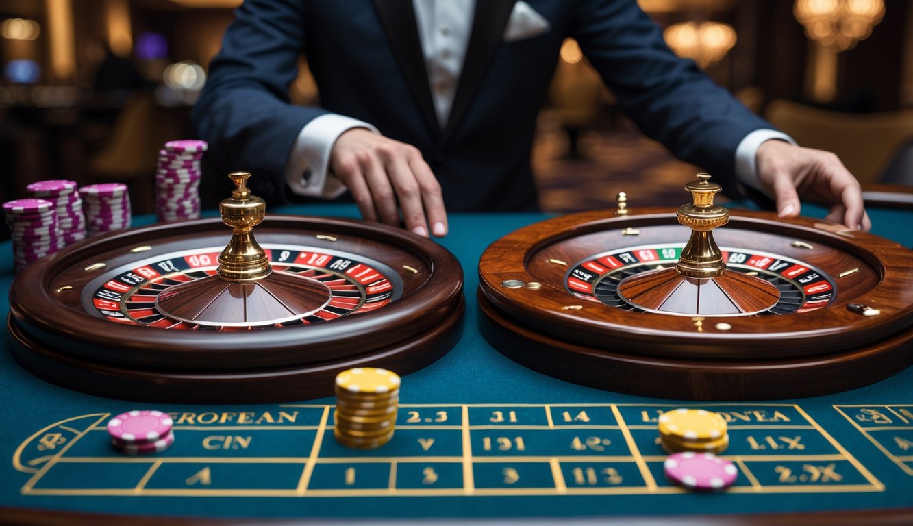 Meja kasino dengan roda roulette Eropa dan Amerika berdampingan, tumpukan chip, dan tangan dealer di atas meja.