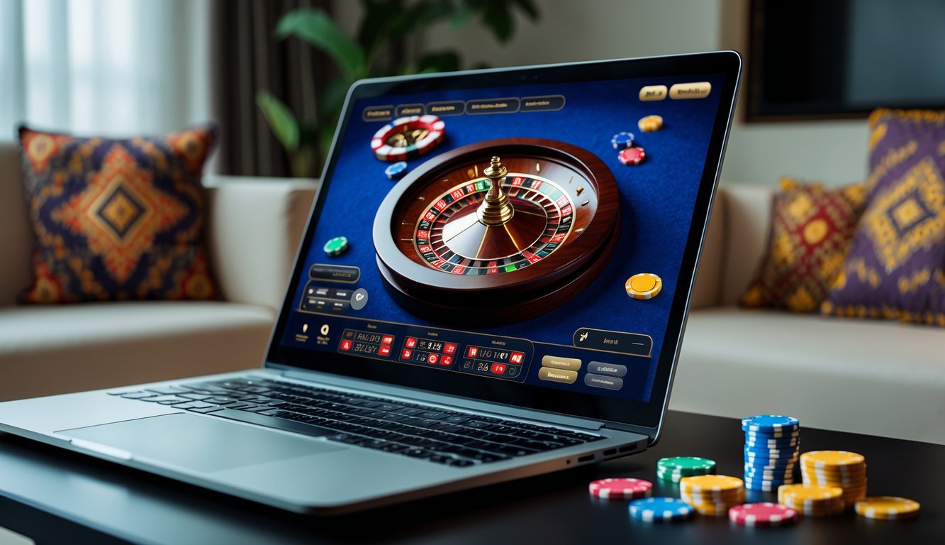 Seseorang bermain roulette online di laptop dengan suasana ruangan yang nyaman dan elemen budaya Indonesia di latar belakang.