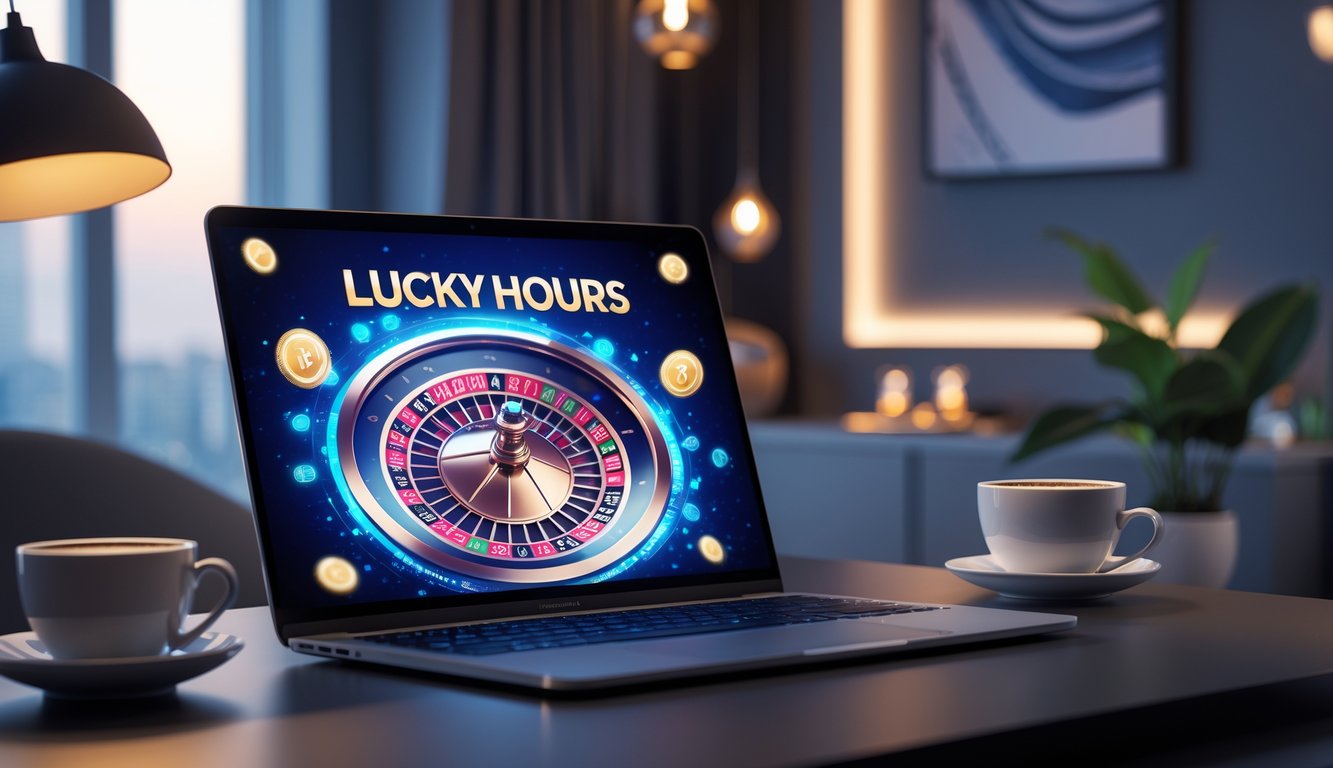 Seseorang bermain roulette online di komputer dengan latar belakang ruangan modern yang nyaman.