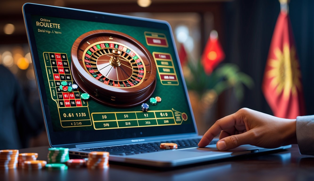 Seseorang menggunakan komputer dengan permainan roulette online yang menampilkan roda roulette dan taruhan digital.