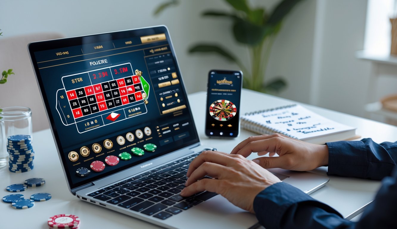 Seorang pemain sedang menggunakan laptop untuk bermain roulette online di ruang kerja rumah yang rapi dan terang.