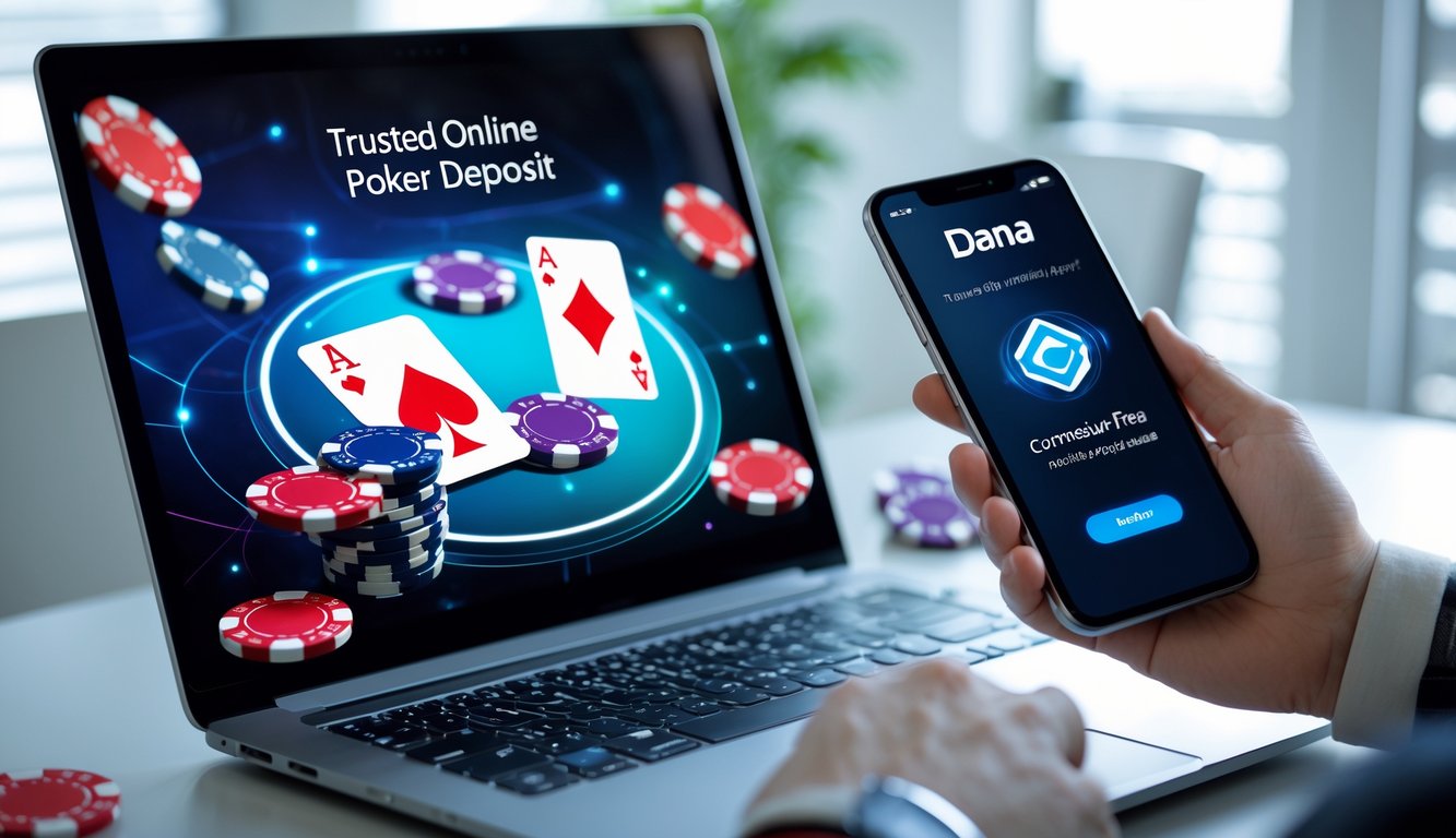 Seseorang menggunakan smartphone dan laptop untuk bermain poker online dengan tampilan aplikasi dompet digital di latar belakang.