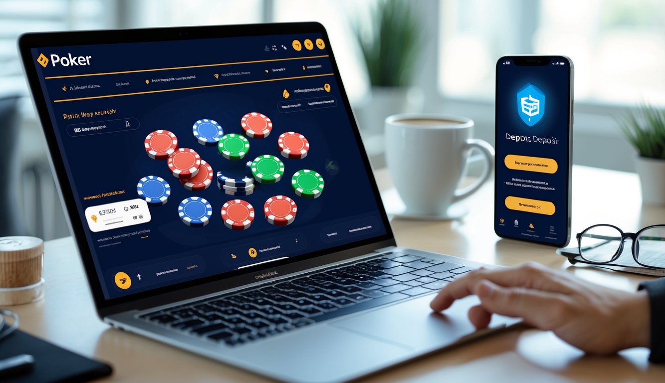 Seorang pengguna mengoperasikan laptop dan smartphone dengan tampilan permainan poker online dan aplikasi pembayaran digital di meja kerja yang rapi.