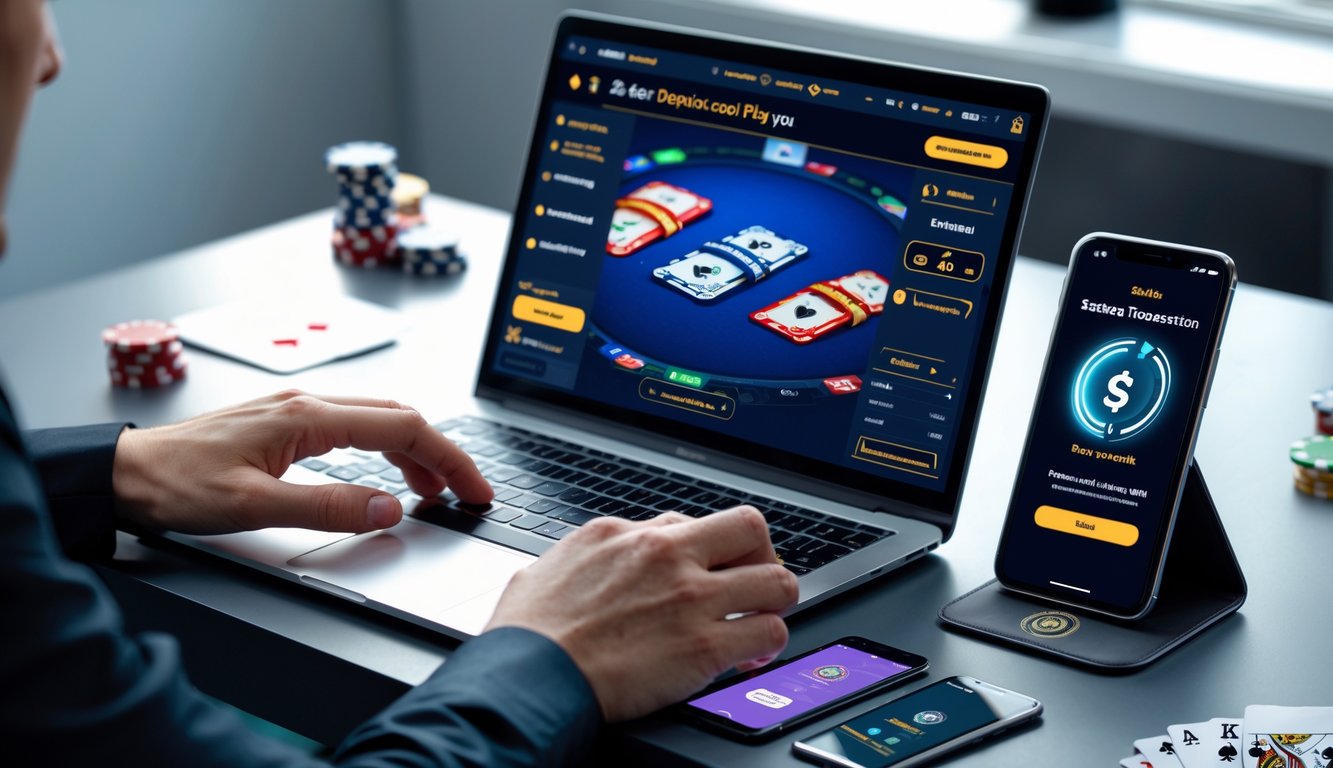 Seseorang menggunakan laptop dan ponsel untuk bermain poker online dengan tampilan transaksi digital di layar.