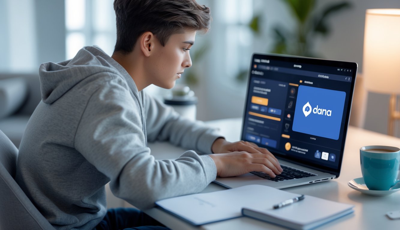 Seseorang sedang menggunakan laptop dan ponsel di meja kerja dengan suasana nyaman, menunjukkan proses daftar dan deposit poker online 24 jam.