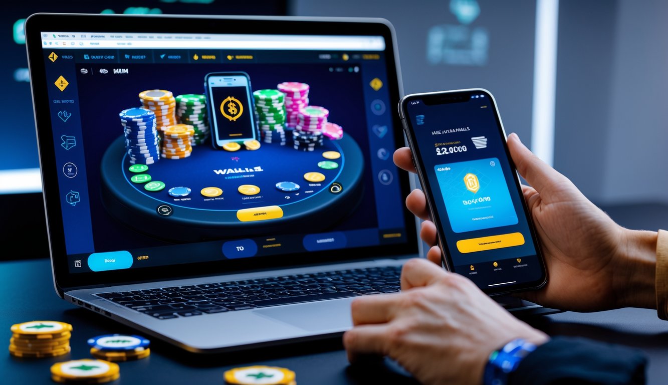 Seseorang menggunakan laptop dan smartphone untuk melakukan transaksi deposit poker online dengan tampilan kartu dan chip di layar.