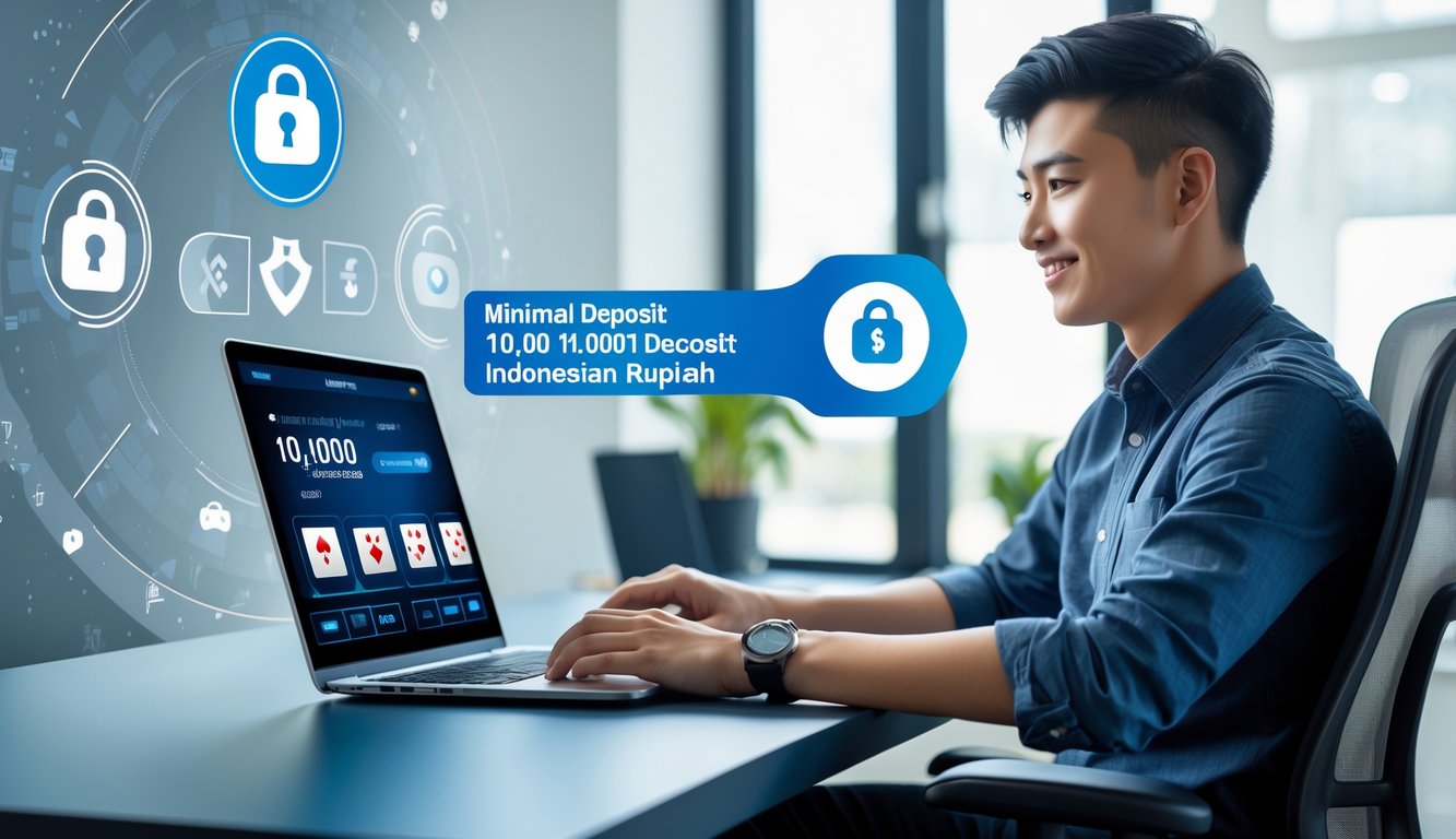 Seorang dewasa muda sedang bermain poker online di laptop dengan latar belakang simbol keamanan digital dan ponsel yang menampilkan aplikasi dompet digital.