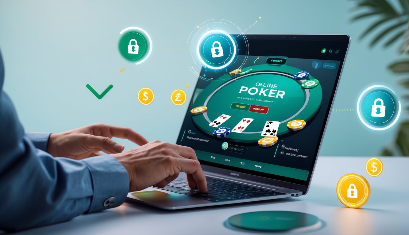 Seseorang menggunakan perangkat digital untuk bermain poker online dengan simbol transaksi instan dan dompet digital di sekitar layar.