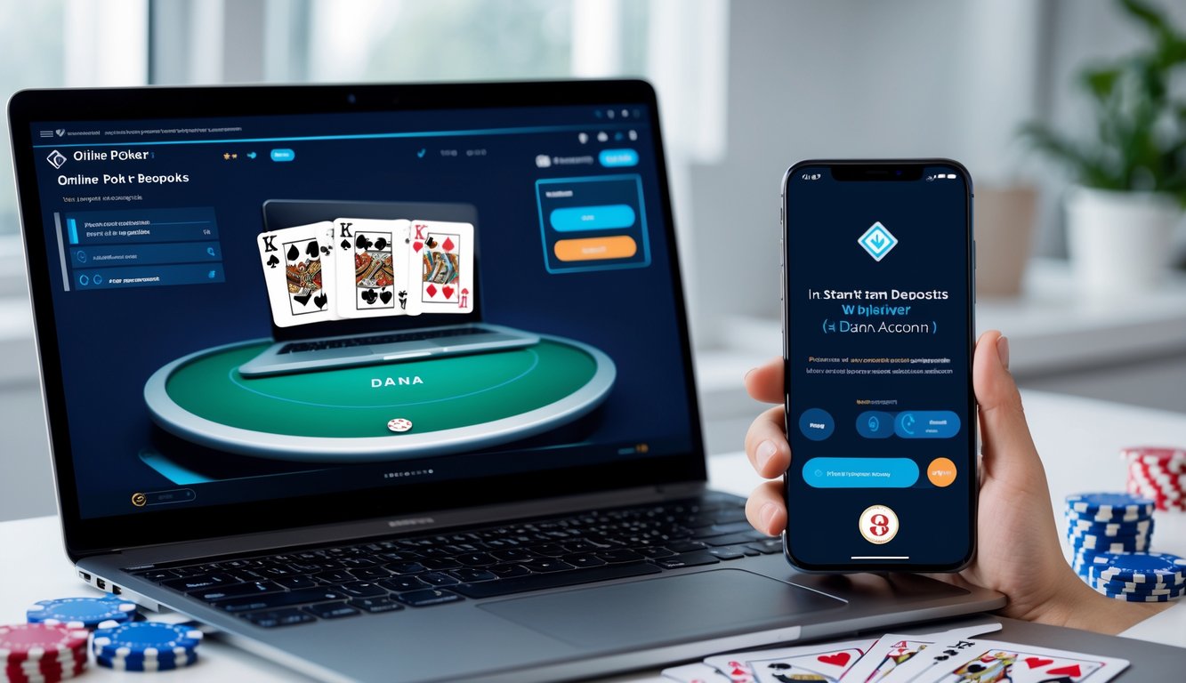 Seorang pengguna sedang melakukan deposit poker online menggunakan aplikasi Dana di smartphone di samping laptop dengan permainan poker terbuka.