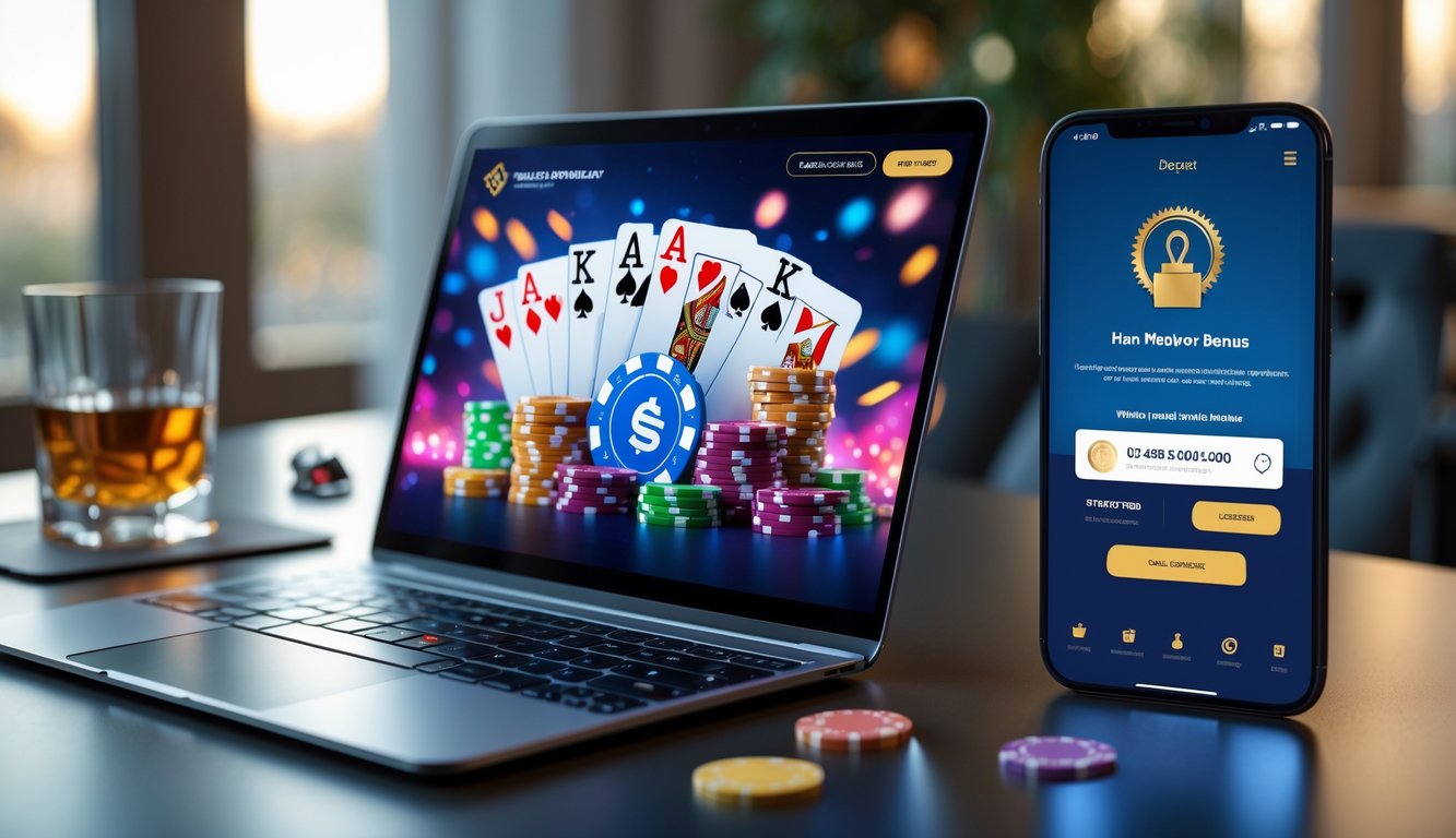 Sebuah laptop dan ponsel menampilkan permainan poker online dan transaksi deposit di meja kerja yang rapi.
