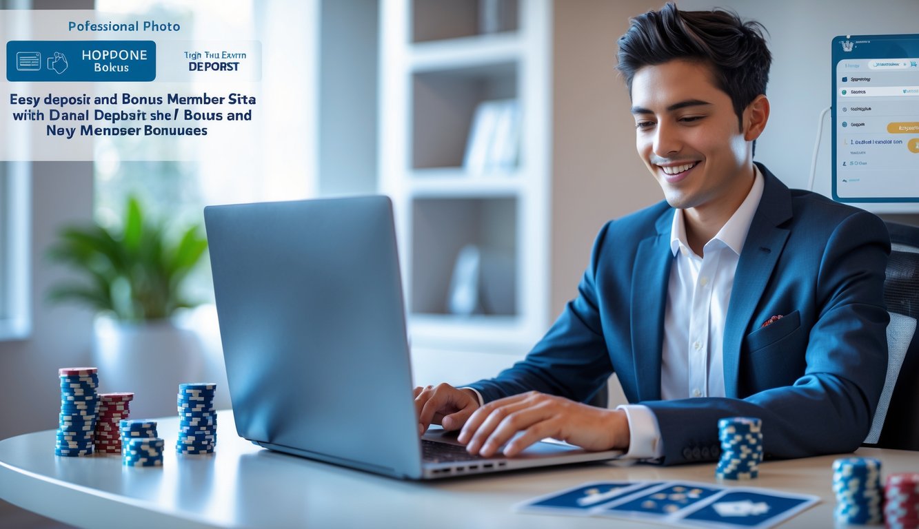 Seorang dewasa muda duduk di meja dengan laptop, bermain poker online dengan kartu dan chip poker di dekatnya, terlihat fokus dan senang.