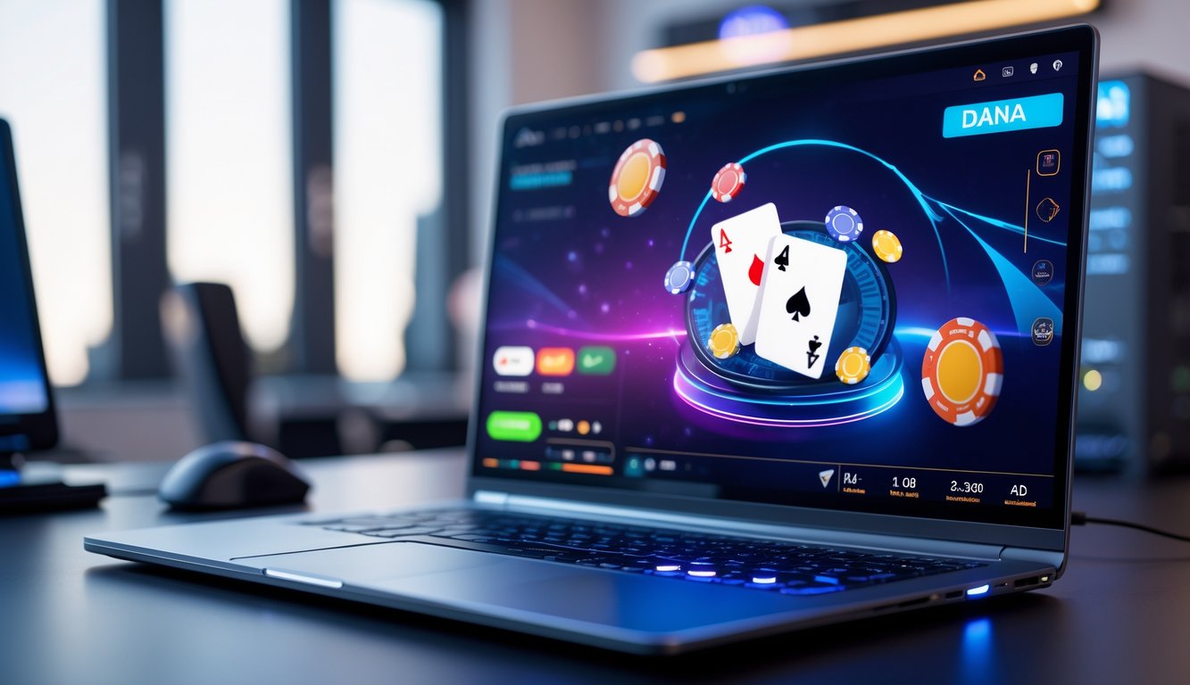 Seseorang sedang bermain poker online di depan komputer dengan tampilan permainan poker dan chip berwarna-warni di layar.