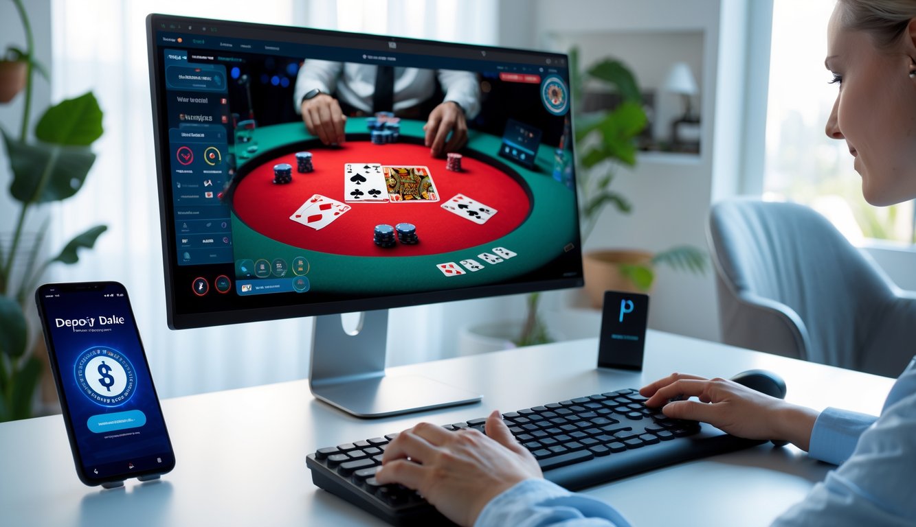Seseorang bermain poker online di komputer dengan layar besar, di sampingnya terlihat ponsel yang menampilkan aplikasi dompet digital untuk deposit dana.