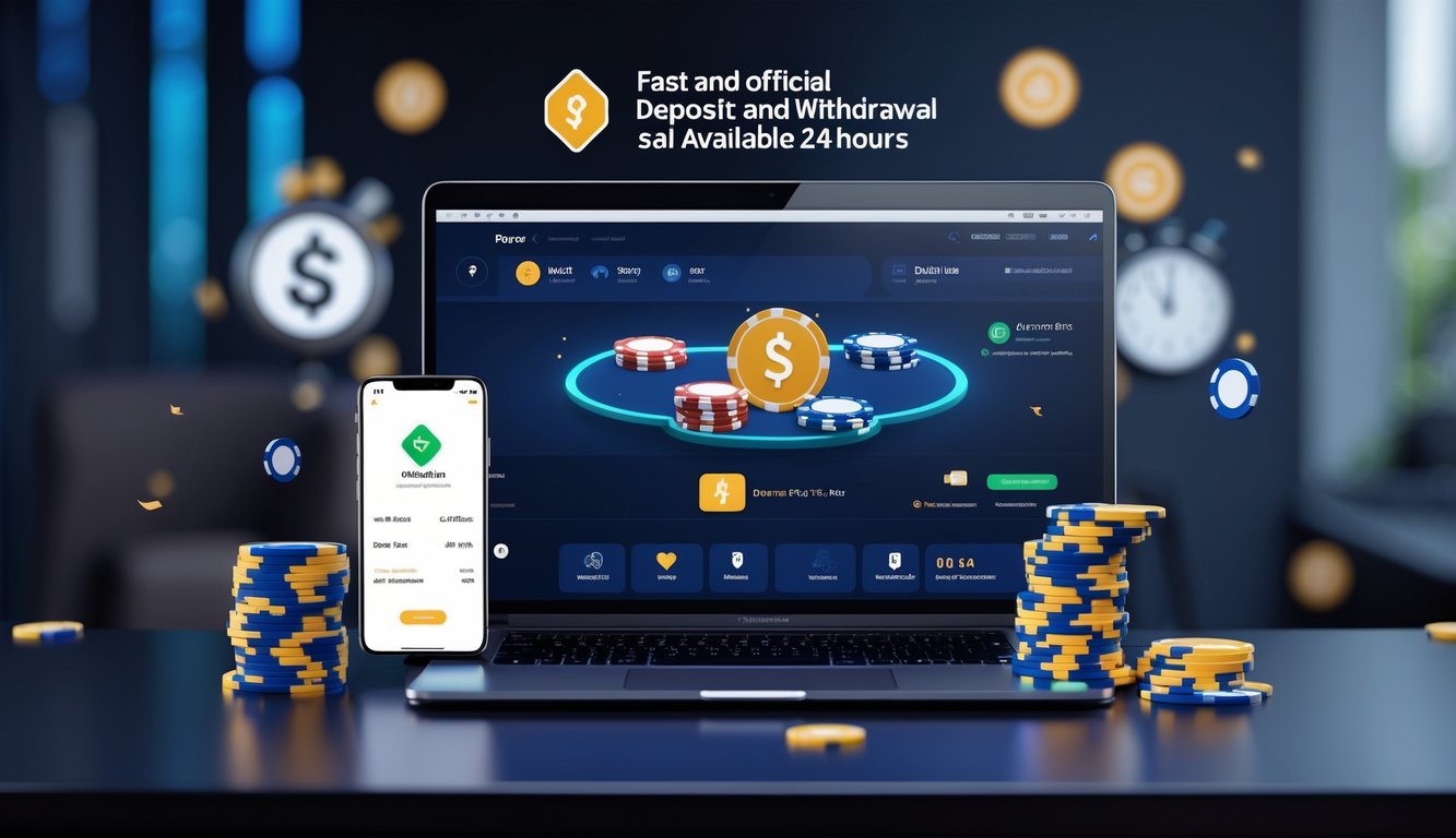 Seseorang menggunakan komputer dengan tampilan permainan poker dan transaksi pembayaran digital yang cepat dan aman.