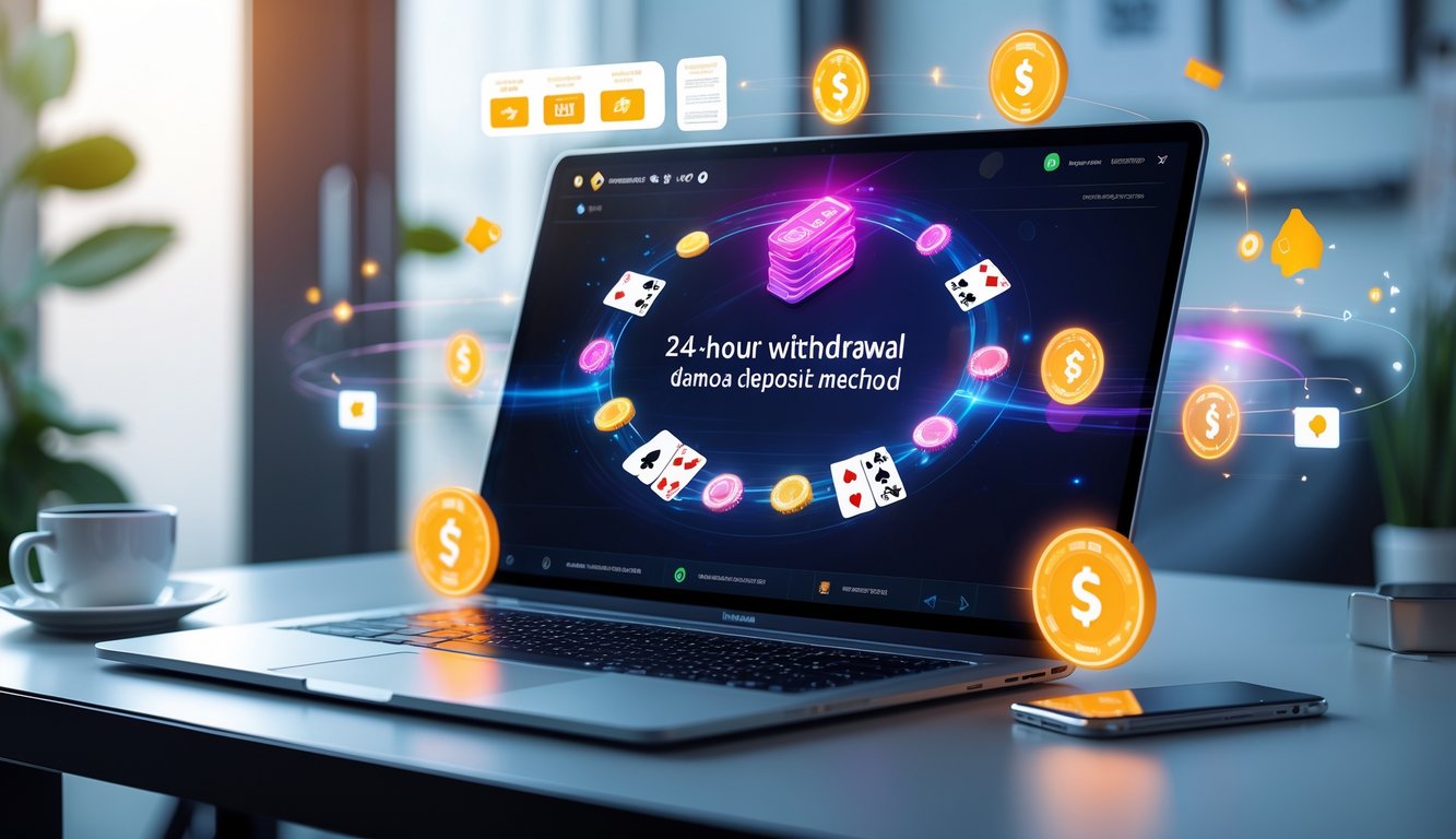 Seorang pemain menggunakan laptop dengan tampilan permainan poker online dan ikon transaksi keuangan digital di sekitarnya dalam ruangan yang terang dan modern.