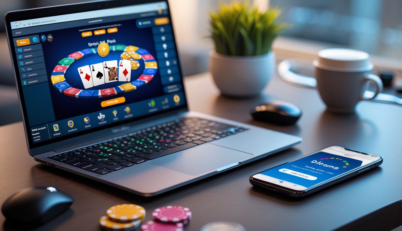 Seorang pengguna sedang bermain poker online dengan laptop dan smartphone yang menampilkan transaksi deposit digital tanpa potongan biaya.