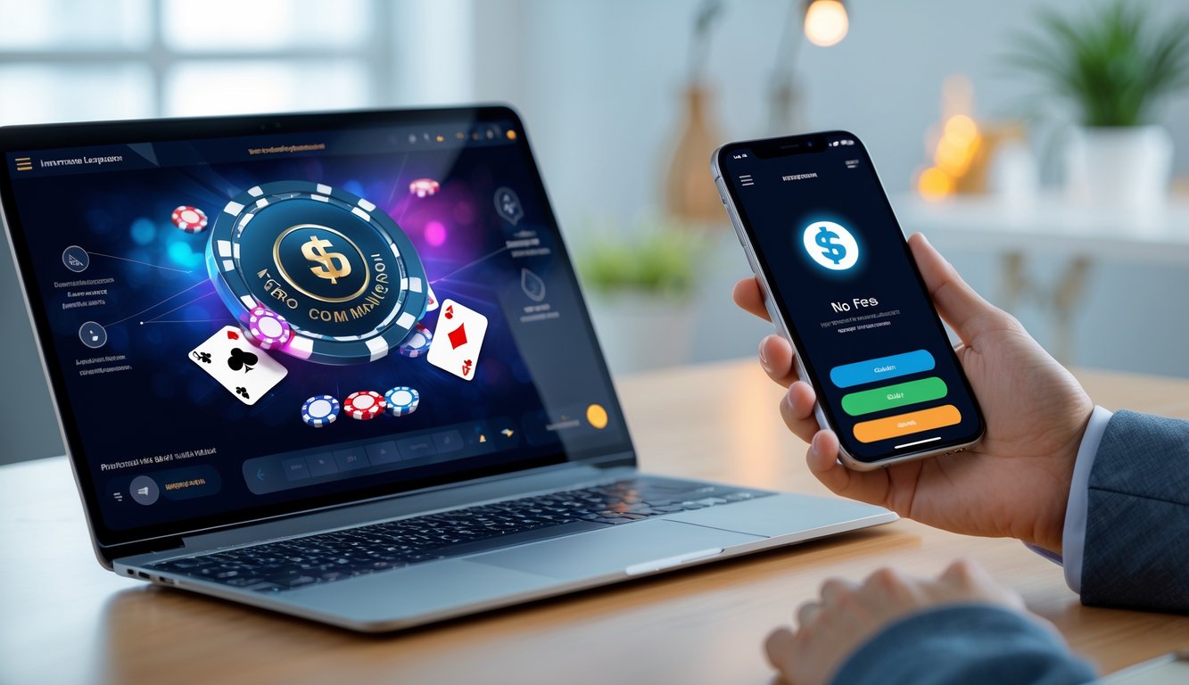 Seorang pemain poker online menggunakan laptop dan smartphone untuk melakukan deposit dana tanpa potongan admin.