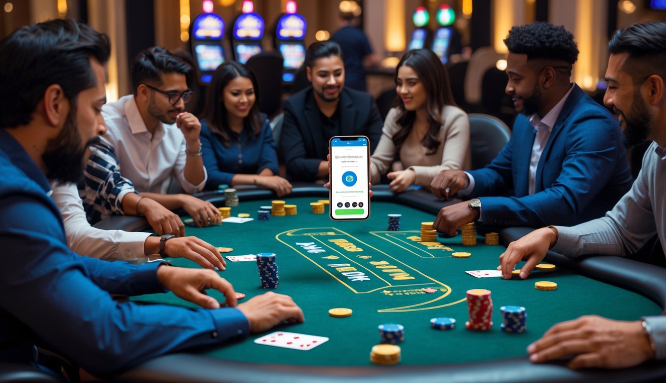 Meja poker dengan chip dan kartu, pemain fokus bermain, suasana kasino dengan pencahayaan hangat.