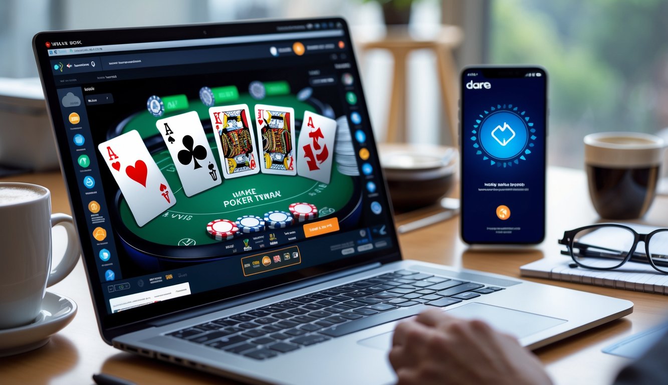 Seseorang bermain poker online di laptop dengan ponsel yang menampilkan aplikasi dompet digital di meja kerja yang rapi.