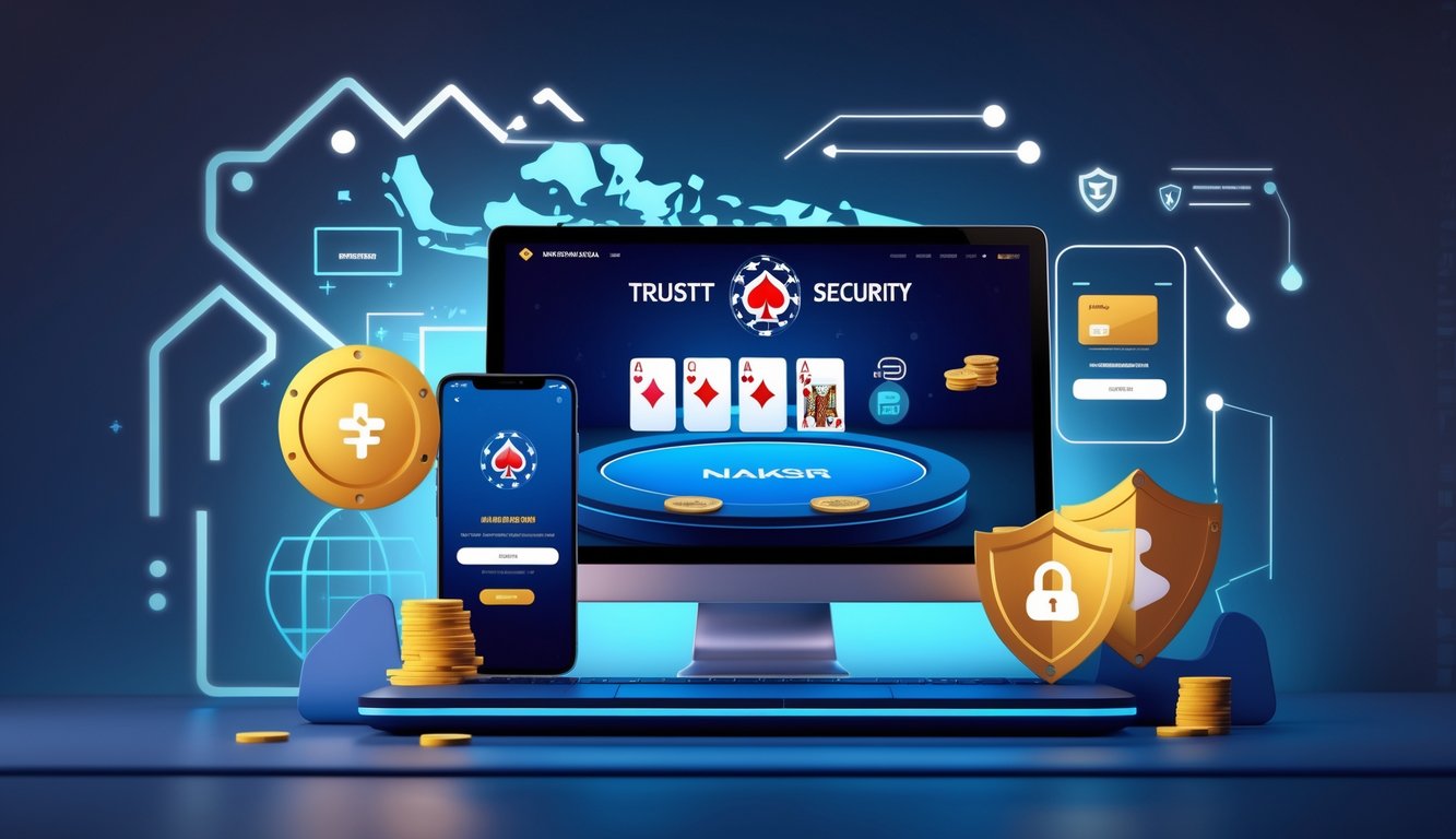 Seseorang menggunakan laptop dan ponsel untuk bermain poker online dengan simbol keamanan dan elemen digital di meja kerja.