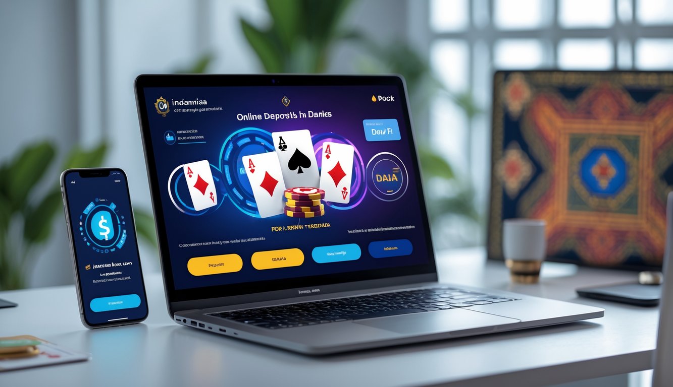 Seorang pengguna sedang bermain poker online di laptop dengan tampilan permainan poker dan ikon dompet digital, di meja terdapat ponsel yang menunjukkan konfirmasi pembayaran, dengan latar belakang elemen budaya Indonesia.