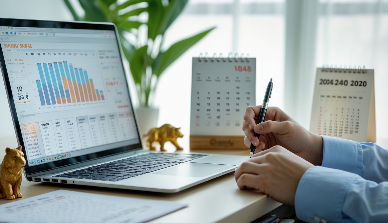 Seseorang duduk di depan laptop di meja kerja yang rapi dengan beberapa figurine hewan shio dan kalender, sedang menganalisis data dengan serius.