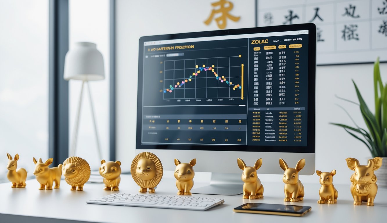 Seorang individu sedang menganalisis data di depan komputer dengan simbol shio di layar dan miniatur hewan shio di meja kerja.