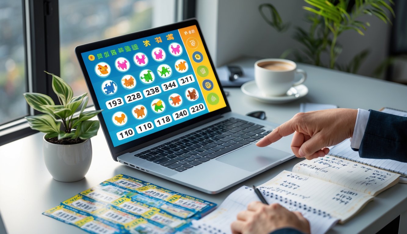 Meja kerja dengan laptop yang menampilkan grafik shio dan tiket togel di sampingnya, seseorang menunjuk layar laptop.