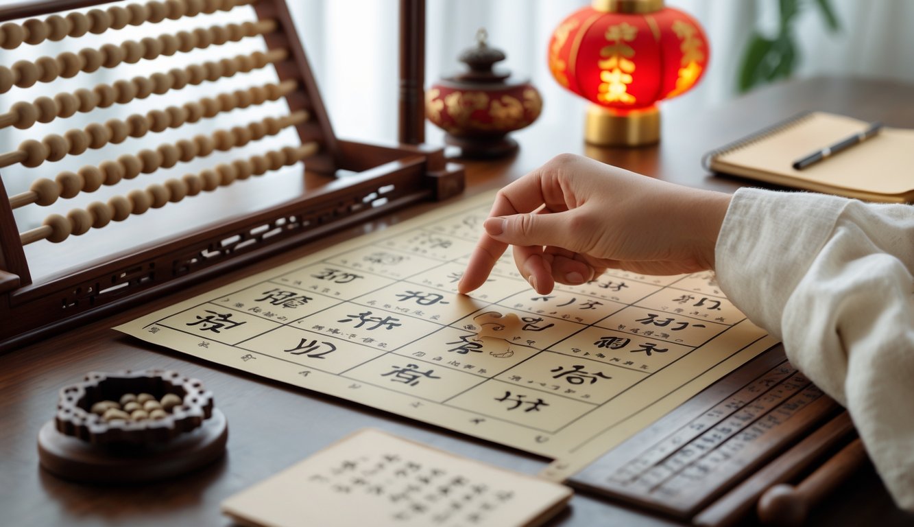 Tangan menunjuk pada bagan shio Tionghoa di atas meja kayu dengan alat hitung tradisional dan catatan di sekitarnya.