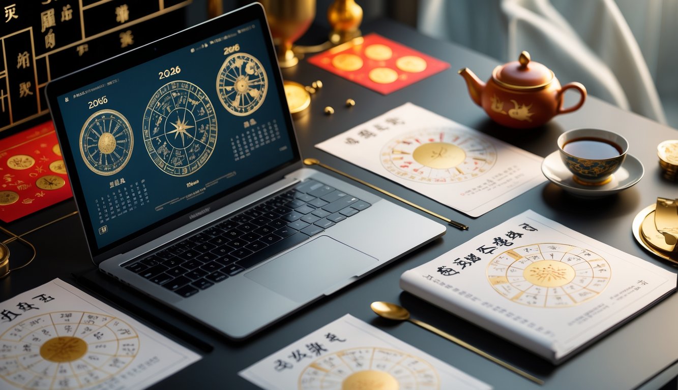 Meja kerja modern dengan laptop menampilkan simbol shio dan grafik, kertas dengan diagram astrologi, kalender shio, dan cangkir teh, dengan pencahayaan alami dan warna merah emas.