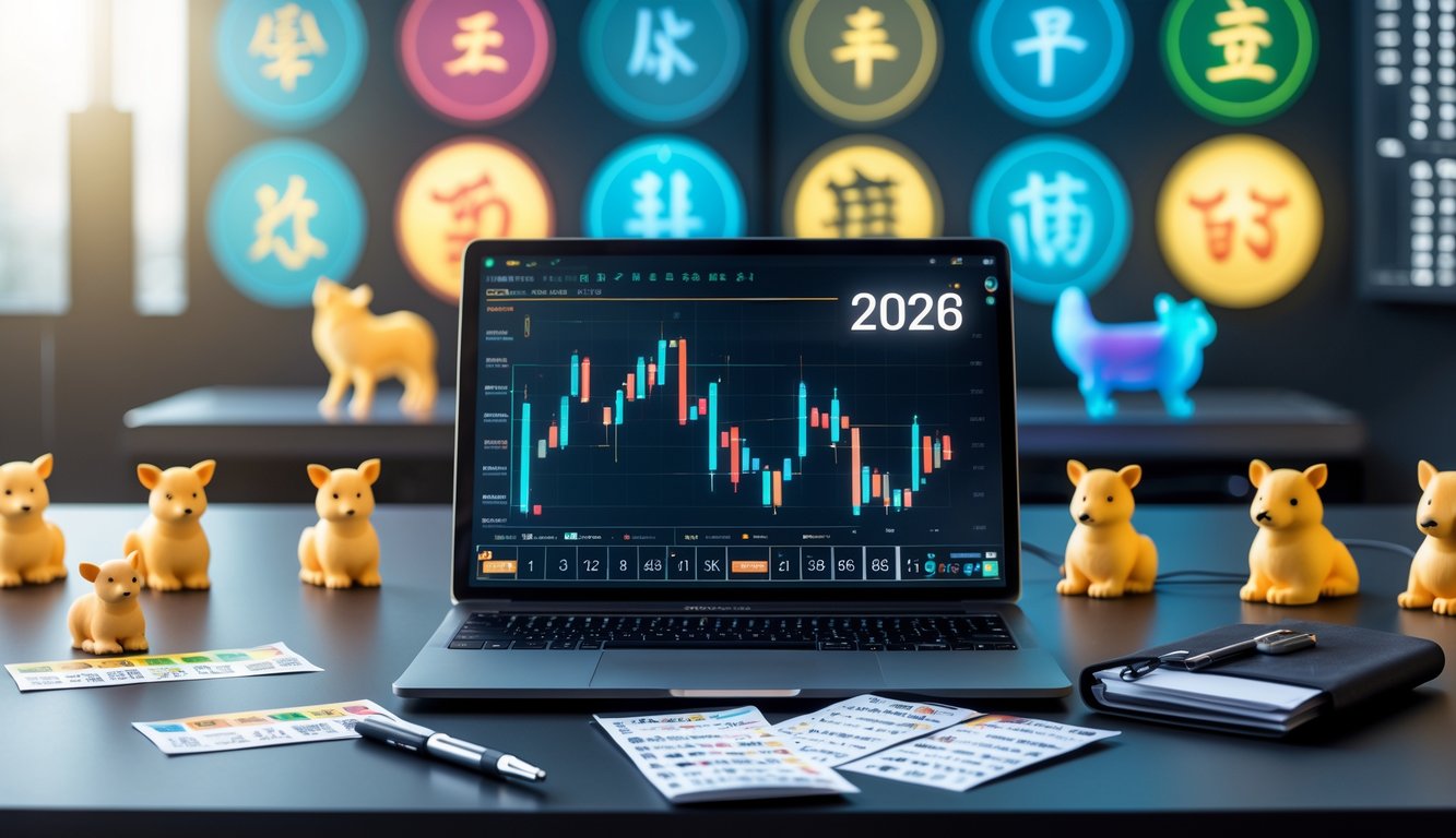 Meja kerja dengan laptop, figur binatang shio, tiket togel, dan catatan angka di atasnya.