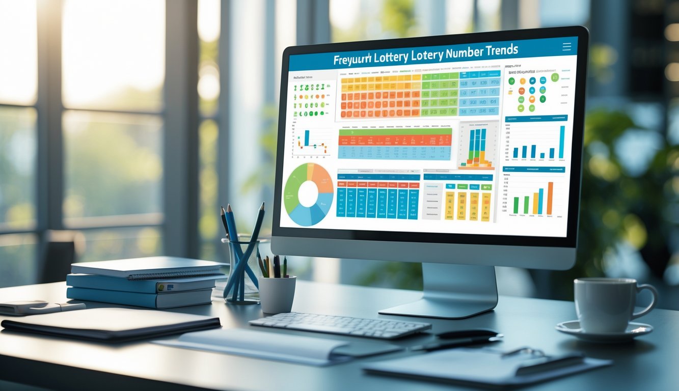 Sebuah meja kerja modern dengan komputer yang menampilkan grafik dan tabel angka, dilengkapi dengan alat tulis dan secangkir kopi.