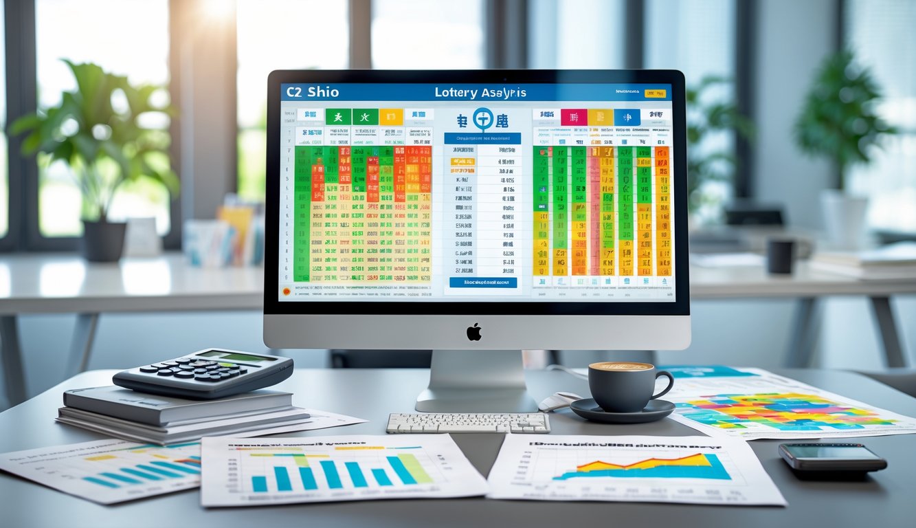 Meja kerja modern dengan komputer menampilkan grafik dan tabel terkait shio dan angka togel, dilengkapi alat tulis dan suasana kantor yang terang.