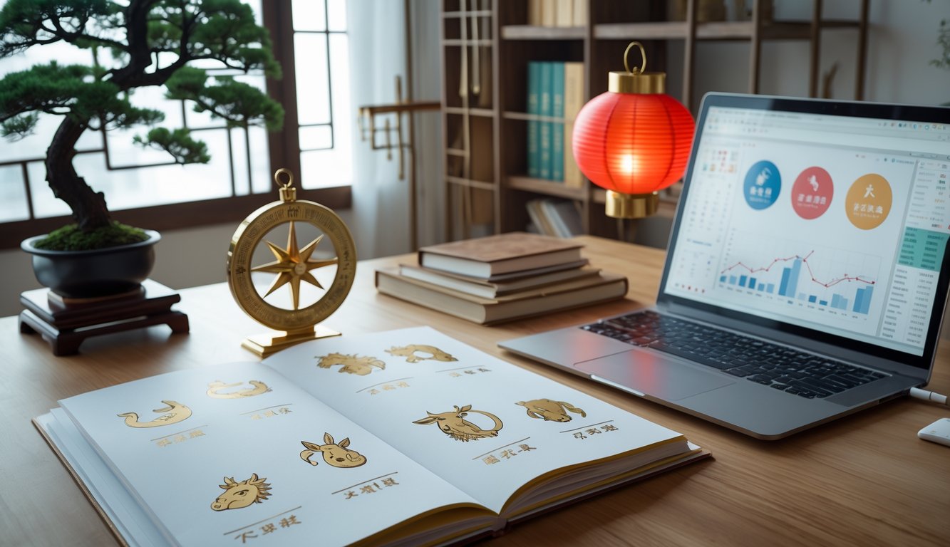 Meja kerja dengan buku terbuka berisi gambar shio dan simbol elemen Feng Shui, kompas kuno, laptop dengan grafik, pohon bonsai, dan lentera merah di latar belakang.