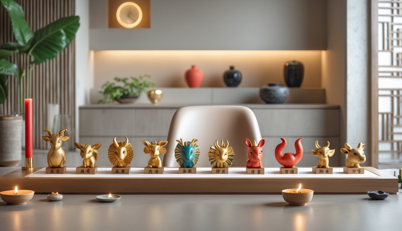 Meja kerja dengan patung-patung shio dan elemen feng shui seperti tanaman, lilin, batu, logam, dan air di ruangan yang tenang dan terang.