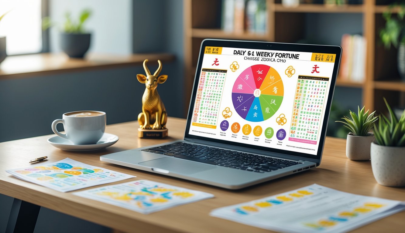 Meja kerja modern dengan laptop yang menampilkan grafik dan simbol shio, dikelilingi oleh kertas, cangkir kopi, dan patung kecil shio, dengan latar belakang rak buku dan tanaman.