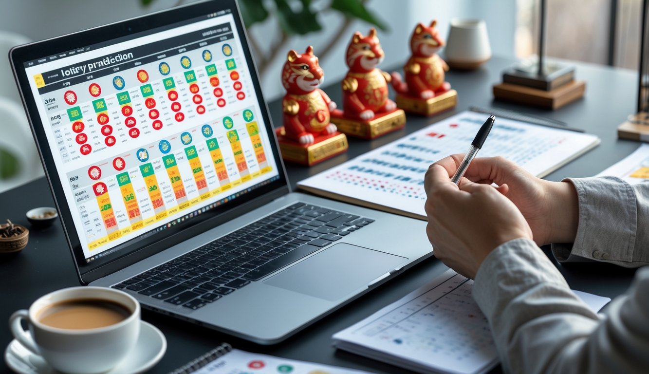 Seseorang sedang menganalisis data angka togel berdasarkan shio dengan laptop, patung shio, dan kalender di meja kerja.