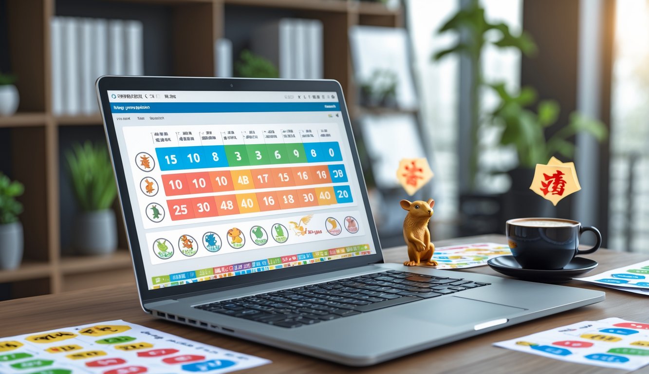 Meja kerja modern dengan laptop yang menampilkan grafik dan simbol shio, dikelilingi kertas, cangkir kopi, dan figur shio kecil, di ruang kantor yang terang dan rapi.