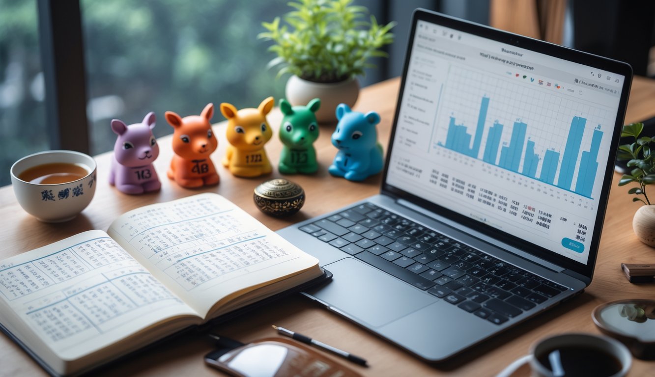 Meja kerja dengan buku catatan, laptop, dan figur hewan shio yang tersusun rapi, menunjukkan suasana analisis prediksi togel berdasarkan shio kelahiran.