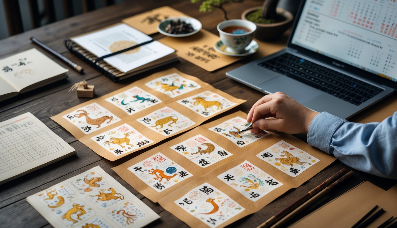 Seseorang sedang menganalisis simbol zodiak Cina tradisional di sebuah meja kayu dengan kertas bergambar hewan shio, buku catatan, laptop, dan cangkir teh.