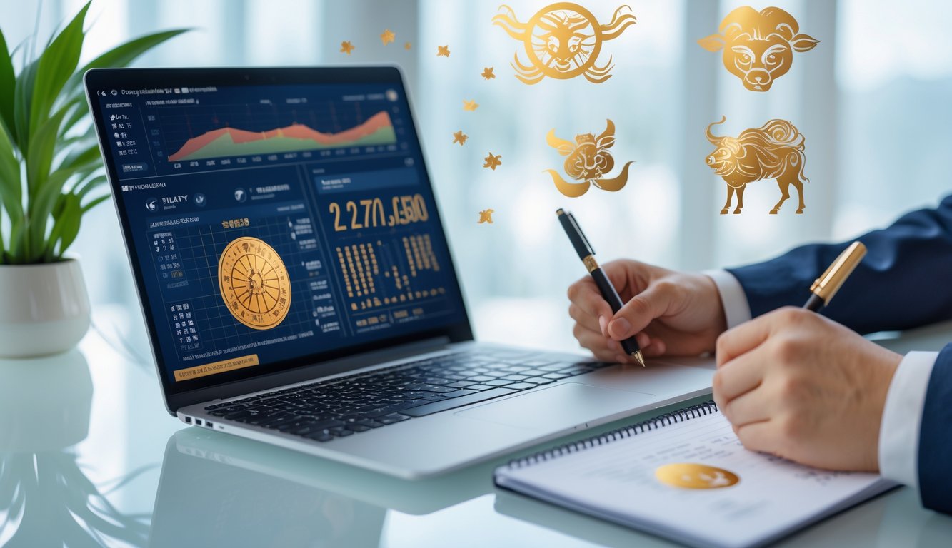 Meja kerja dengan laptop, catatan, dan ilustrasi shio, menampilkan suasana analisis prediksi togel berdasarkan shio.