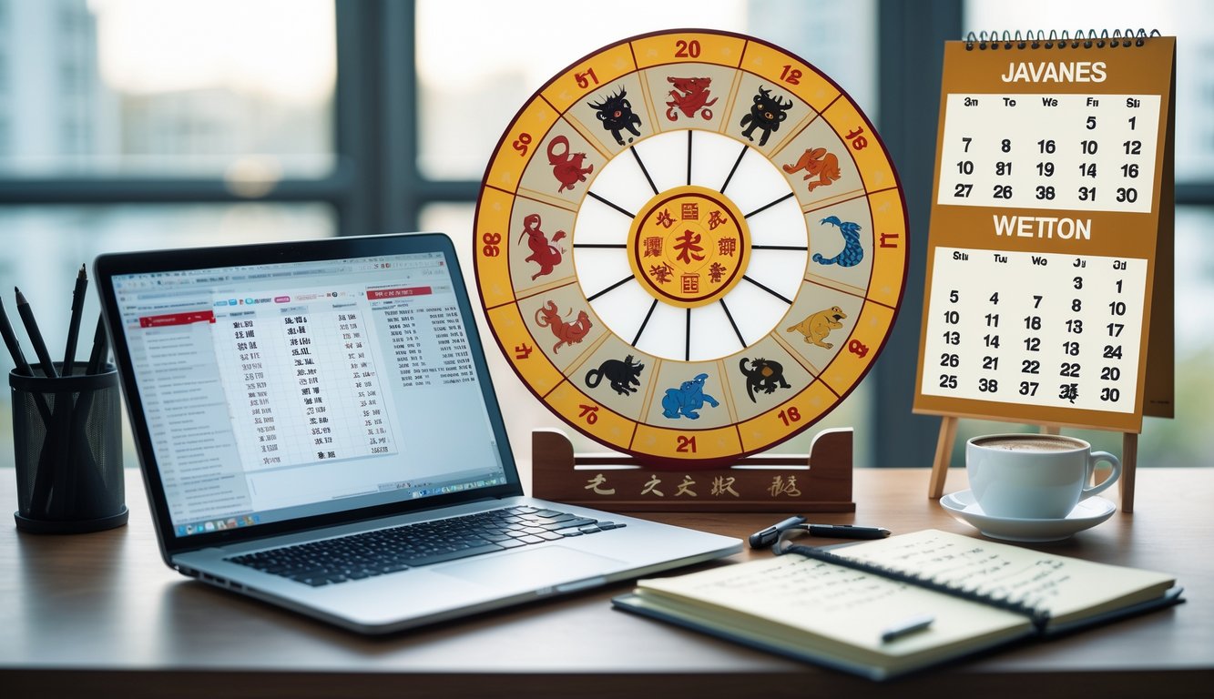Meja kerja dengan laptop, kalender tradisional, dan roda shio yang menunjukkan suasana prediksi angka togel berdasarkan shio dan weton.