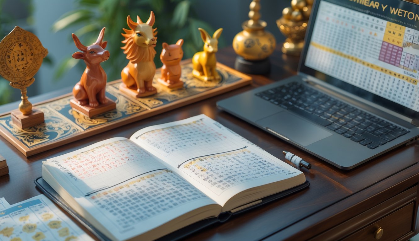 Meja kerja dengan buku catatan, laptop, figur hewan shio, dan kalender tradisional Jawa yang menunjukkan suasana prediksi angka togel berdasarkan shio dan weton.