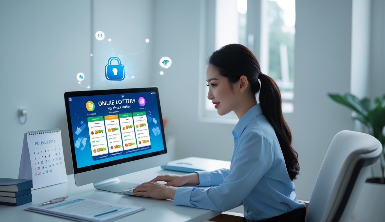 Seorang wanita muda sedang menggunakan laptop di ruang kerja yang rapi dan terang, fokus pada aktivitas bermain togel online resmi tahun 2026.